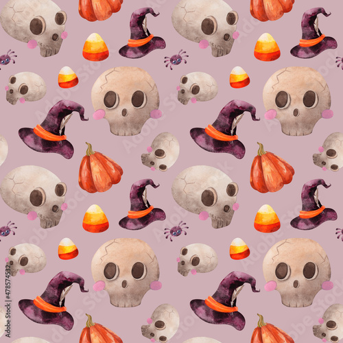 Watercolor Halloween pattern with sculls, pumpkins and witch hat