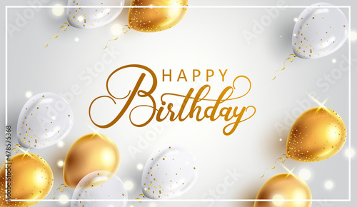 Birthday greeting card vector design. Happy birthday text with white gold balloons and bokeh lights in frame element for celebrating birth day messages decoration. Vector illustration.
