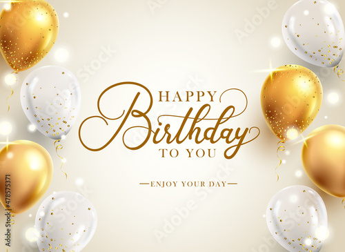 Birthday elegant vector background design. Happy birthday typography text with gold and white balloons in bokeh lights elements for birth day greeting card. Vector illustration.
