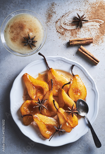 Poached pears with spices homemade dessert.