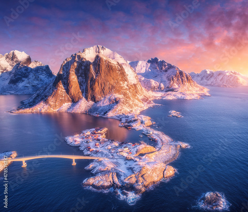 Aerial view of snowy island...