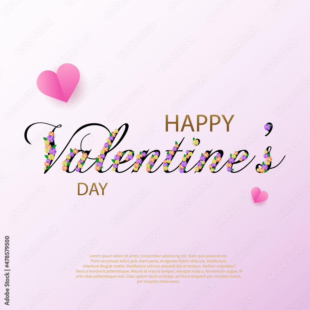 Happy Valentines Day greeting card with text from colorful bright flowers and heart . Vector illustration.