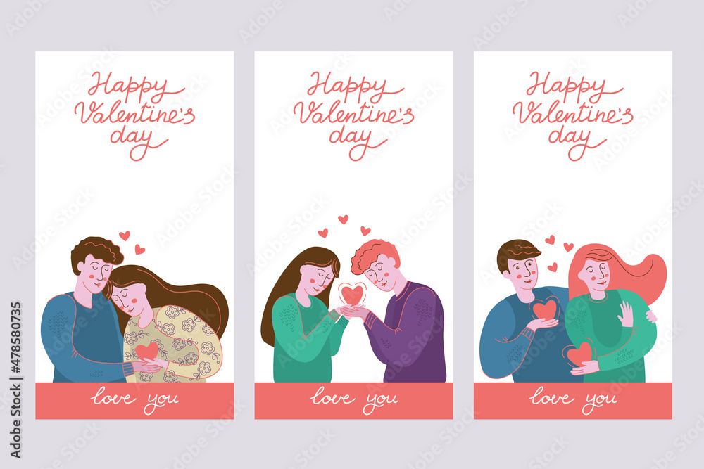 Fototapeta premium Couple in love hugging with many hearts. Vector design set for Valentines Day