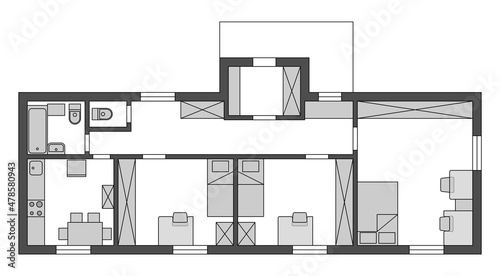 Architectural plan of the house with furniture. Black and white vector design.