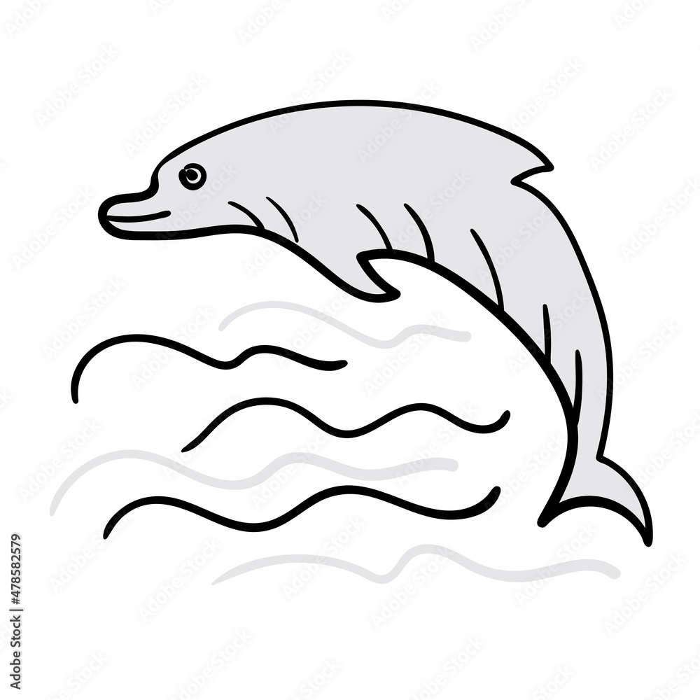 Cute dolphin, black-grey vector doodle