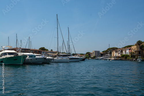 View on small houses and sailboats in Port Grimaud, French Riviera, Provence, France