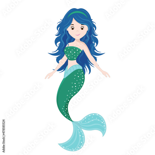 Happy and beautiful mermaid with blue hair on white background