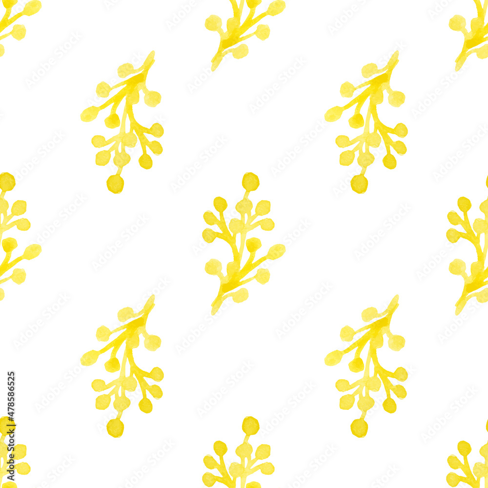 Seamless pattern with hand-drawn watercolor yellow branches with berries on white. Organic, natural, freshness concept for textile, print, etc.