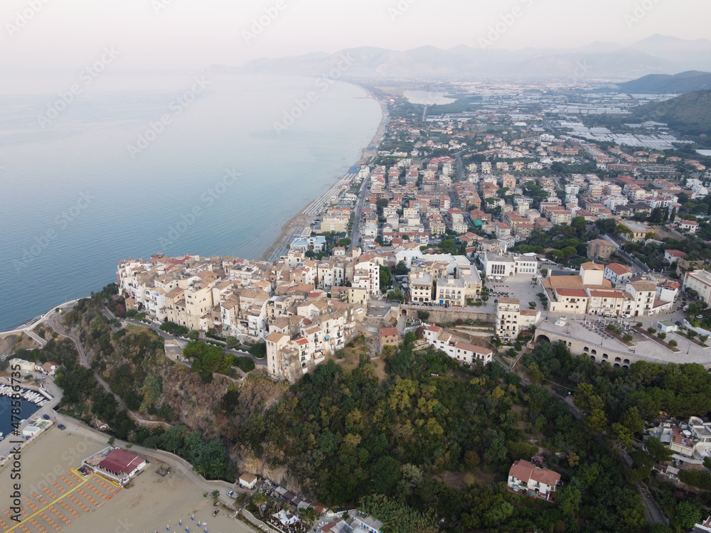 Aerial view on old and new parts of Sperlonga, ancient Italian city in province Latina on Tyrrhenian sea, tourists vacation destination