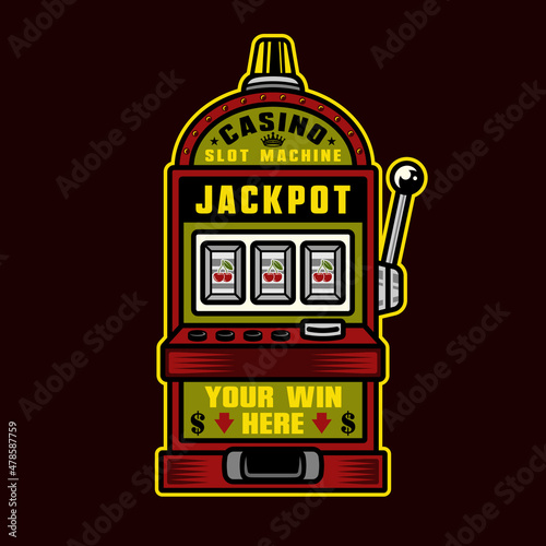 Slot machine casino jackpot vector object or design element in colorful style isolated on dark background