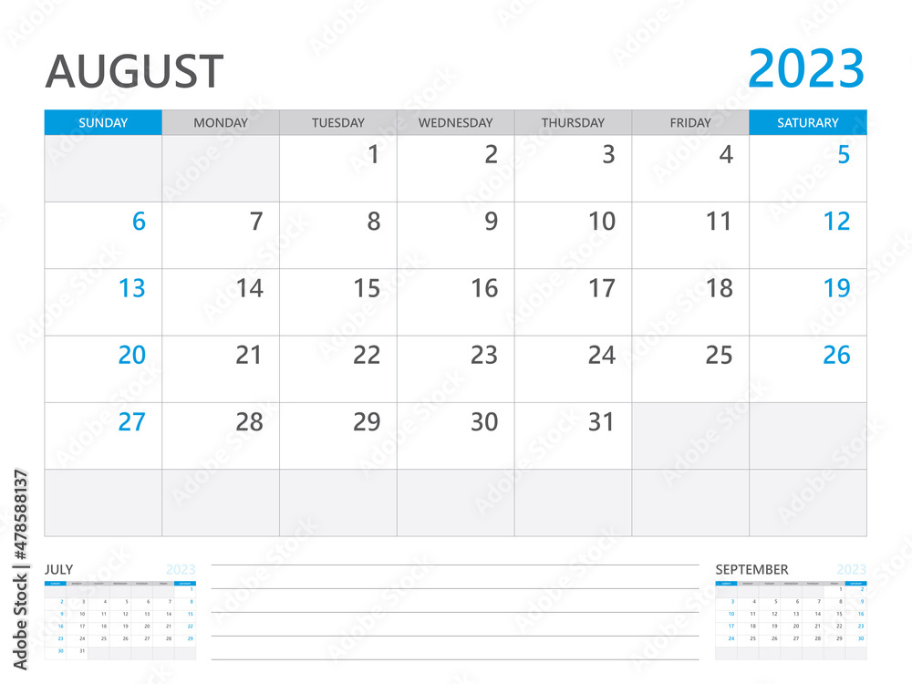 August 2023 year, Calendar planner 2023 and Set of 12 Months, week