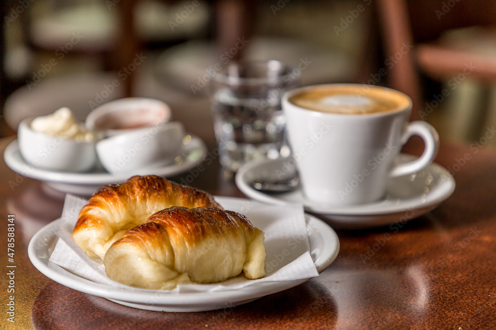 breakfast croissants with coffee on wood breakfast croissants with coffee on wood