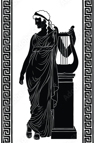 An ancient Greek woman in a tunic with a harp stands near a pedestal. Female figure isolated on white background.