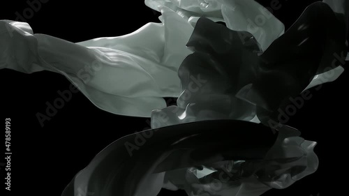White fabric fluttering in the wind against a black background in space, the smoothness of silk, the shine of satin, the lightness of cotton, futuristic 4K animation, motion graphic, floating flaps