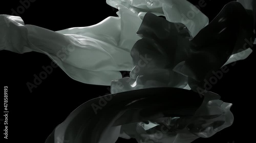 White fabric fluttering in the wind against a black background in space, the smoothness of silk, the shine of satin, the lightness of cotton, futuristic 4K animation, motion graphic, floating flaps