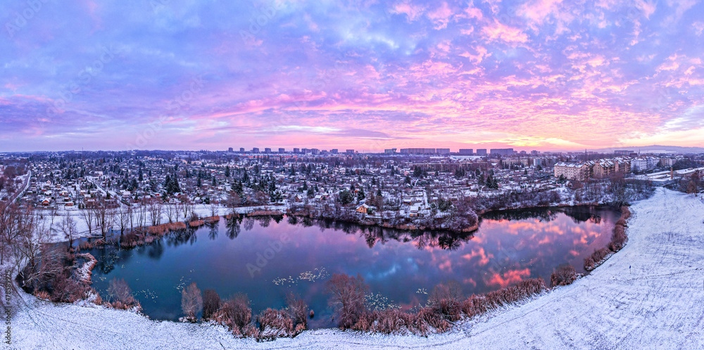 Panoramic View Over Tarnow Skyline Cityscape in Winter at Sunrise from Drone