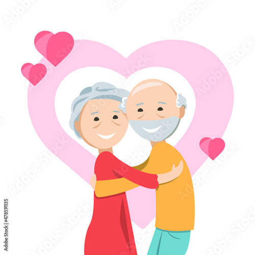 Happy elderly people concept, couple in love embracing. Love relationship, romance, retirement. Flat vector illustration for valentine day 
