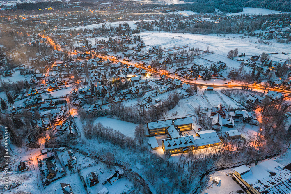 Illuminated Zakopane in Winter. Drone View of Polish Winter Capital City