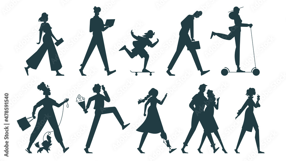 Silhouettes of walking people. Various poses and means of transportation. Vector flat illustration. Silhouettes of walking people. Various poses and means of transportation. Vector flat illustration.