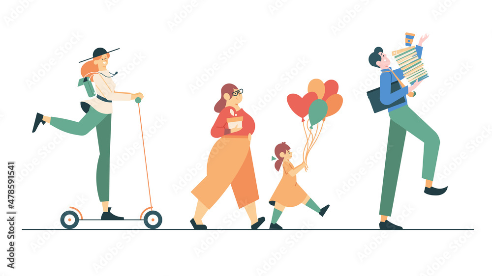 Fototapeta premium Walking people. Man, women and girl walk side profiles, people in casual clothes. Stylish colorful moving characters of different ages. Girl on a scooter. Vector flat illustration.