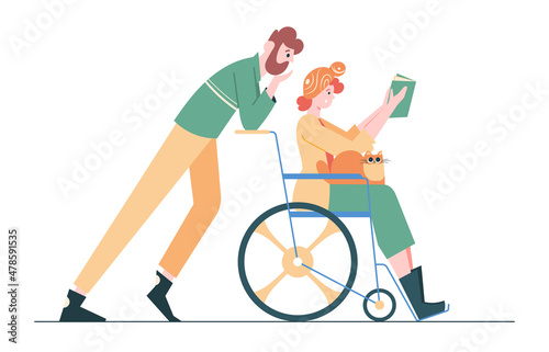 A girl in a wheelchair with a cat on her lap is reading a book. An interested male partner is nearby. Support and love in a difficult situation. Couple fighting disease together Vector illustration.