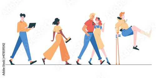 Walking people in casual clothes. An office worker with a laptop, a stylish girl with a handbag, a couple in love in an embrace, a cheerful guy with crutches. Vector flat illustration.