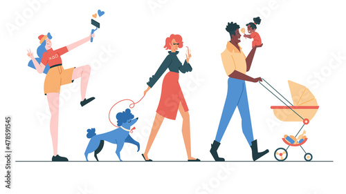 Walking people. Men and women walk side profiles, people in casual clothes. Stylish colorful moving characters of different ages and nationalities. Vector flat illustration.