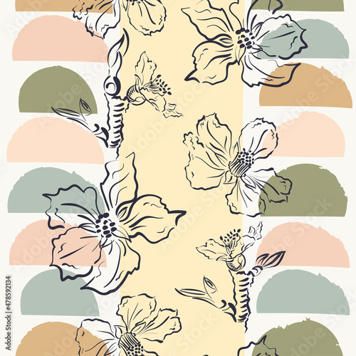 Seamless pattern featuring abstract geometric shapes and hand drawn branch blossom in scandinavian patchwork style. Vector