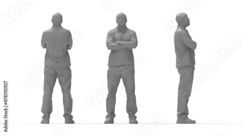 3D rendering of a casual man front side and back view. Arms crossed Computer render model isolated silhouette.