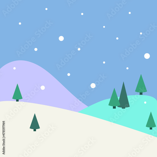 Illustration of magical winter hills and forest in the snow. It is suitable for use for postcards, gifts, websites, social media.
