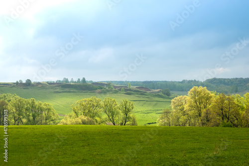 Spring rural landscape. Green fields and forests against a background of blue sky and clouds.