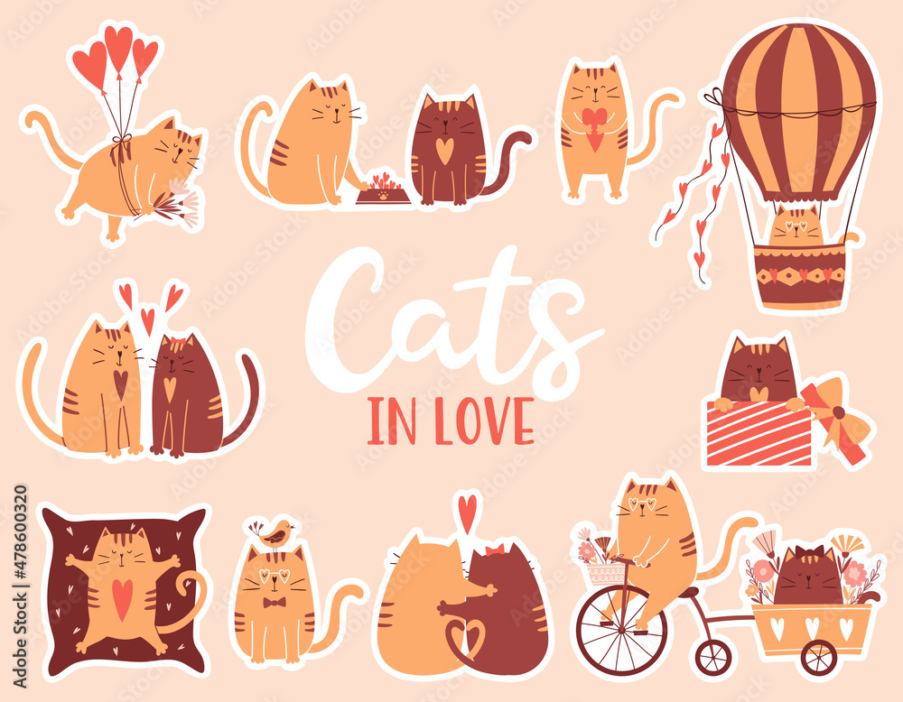 A set of stickers with cute cartoon cats. Cats in love. Riding a bicycle, flying in a balloon, holding a heart, hugging. Sticker pack with a white outline for Valentine's Day. Vector illustrations