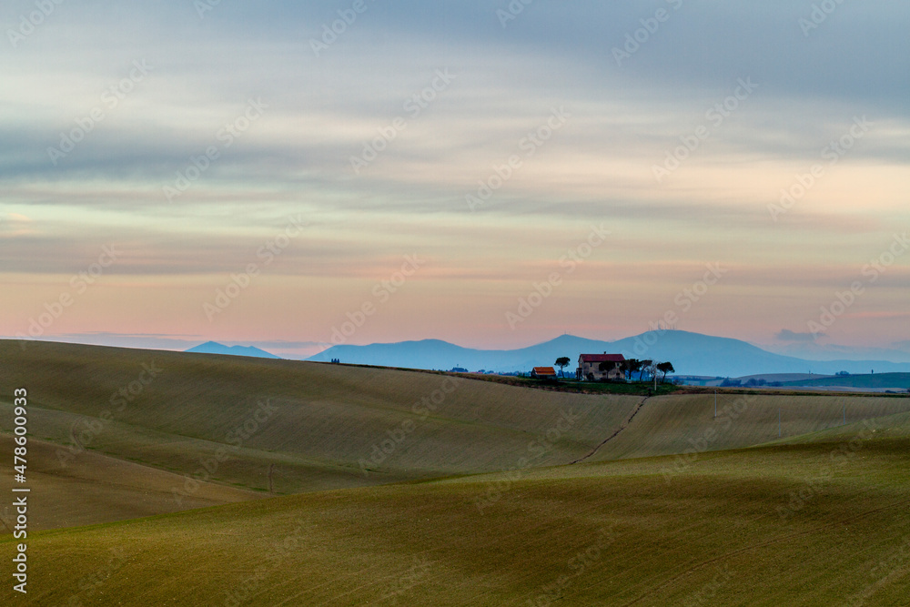 Tuscany landscape panorama at sunrise, Italy