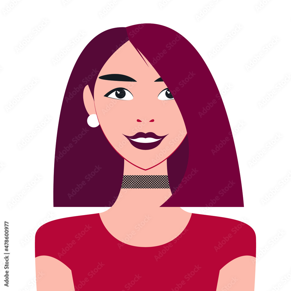 Vector graphics - A beautiful young smiling brunette woman with a square hairstyle and white round earrings isolated. Concept avatar Vector graphics - A beautiful young smiling brunette woman with a square hairstyle and white round earrings isolated. Concept avatar