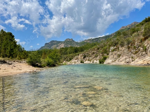 River Solenzara with turquoise water and sandy beaches at the foot of Bavella peaks in Southern Corsica, France.