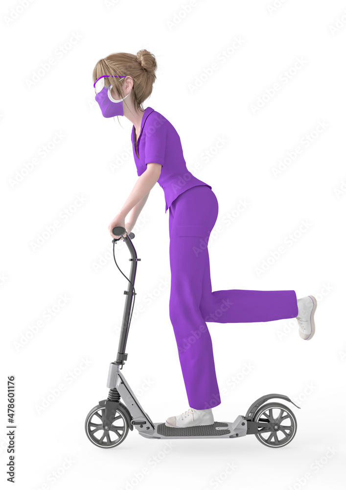 nurse girl is riding a electric scooter side view nurse girl is riding a electric scooter side view