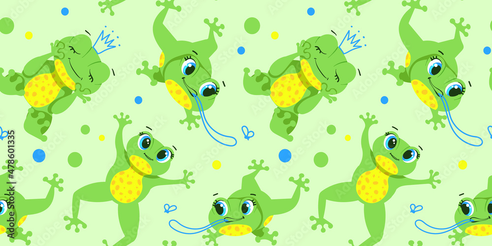 Naklejka premium Seamless pattern with illustrations. Cute little Green Frog Smiles, Jumps, Hunts insects, dreams. A set of vector illustrations