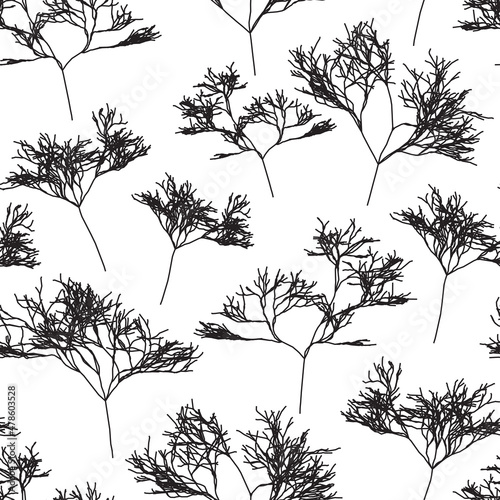 Seamless pattern with black twigs on a white background. Black and white floral pattern. Dry twigs, grass, abstraction. Print for clothing, packaging, pastel linen.