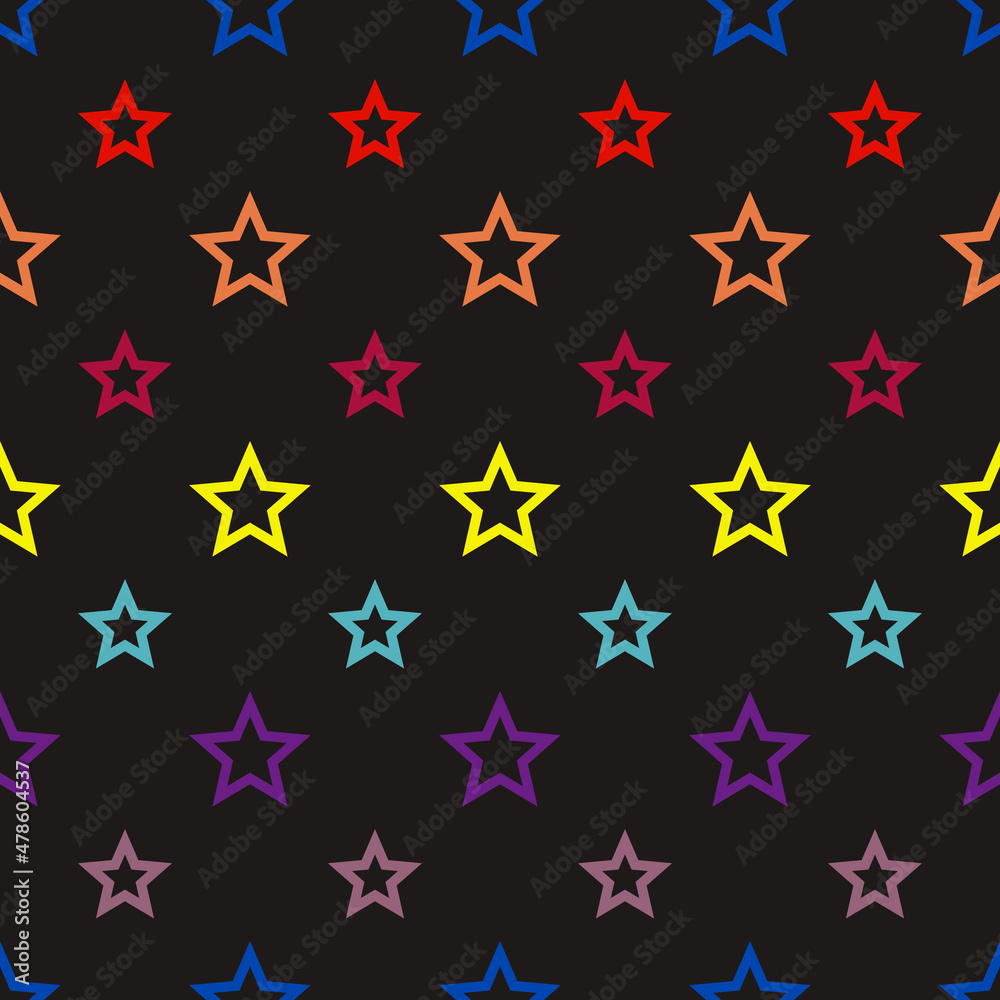 Colorful stars pattern. Vector black background and colorful seamless stars.