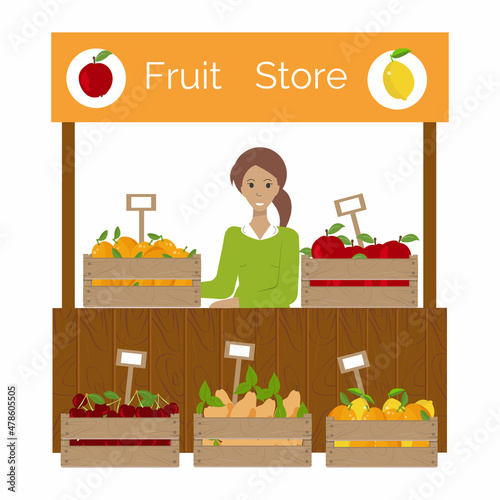 Fruit store stand front, wooden box with fruits and price tag. Young woman sells fruit at a street stall. Vector illustration