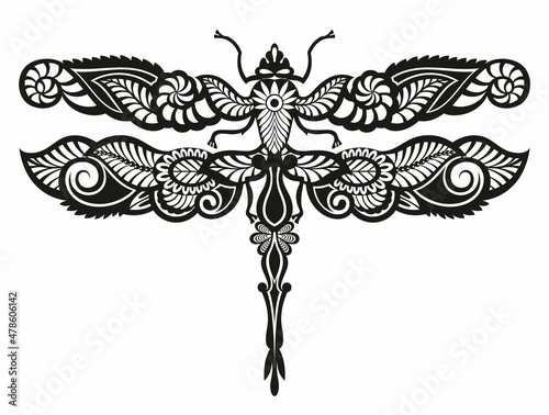 Engrave isolated dragonfly hand drawn graphic illustration