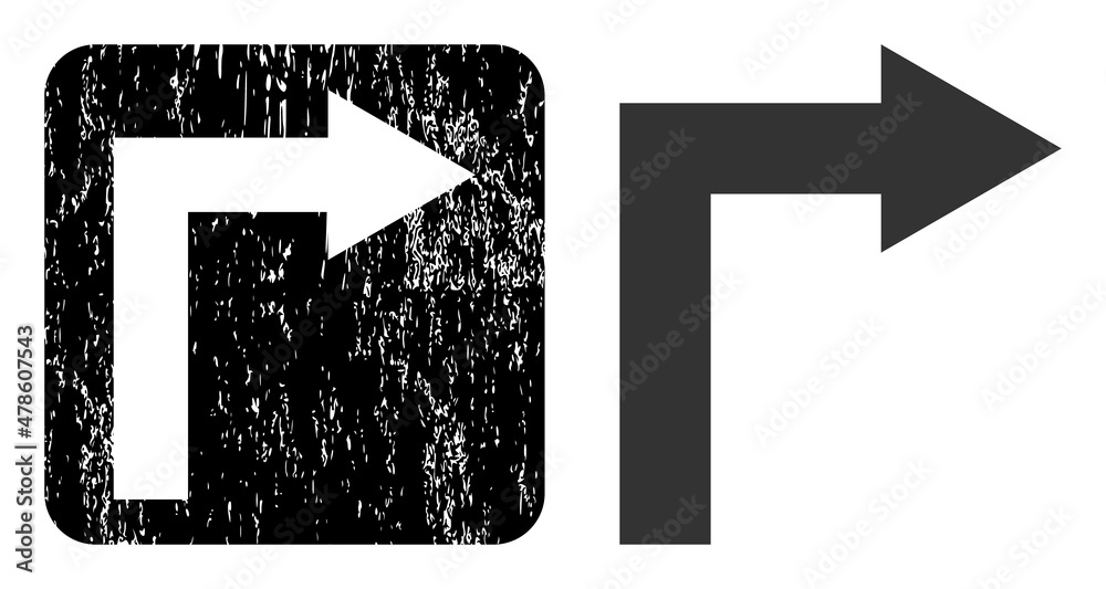 Obraz premium Vector turn right hole icon. Grunge turn right seal stamp, done from icon and rounded square. Rounded square stamp seal include turn right cut out shape inside. Vector turn right rubber images.