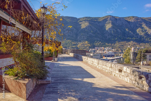 Montenegro, Old Town of Kotor - UNESCO World Heritage Site. Picturesque walkway on Town Wall on sunny winter day