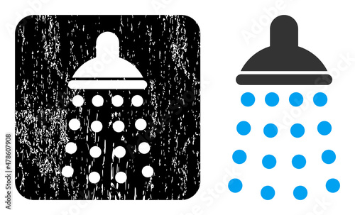 Vector shower subtracted icon. Grunge shower seal, done with icon and rounded square. Rounded square seal have shower hole inside. Vector shower grunge images.