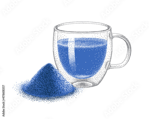 Butterfly pea blue matcha tea with powder in glass double wall cup. Realistic. Blue tea drink. Sketch in pointillism style. Hand-drawn vector.