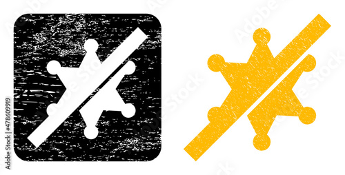 Vector frorbidden sheriff star carved pictogram. Grunge frorbidden sheriff star seal stamp, done with icon and rounded square. Rounded square stamp seal include frorbidden sheriff star hole inside.