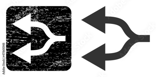 Vector split arrows left subtracted icon. Grunge split arrows left seal stamp, done with icon and rounded square. Rounded square stamp seal contain split arrows left hole inside.