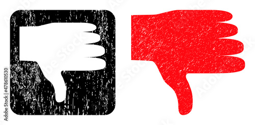 Vector thumb down subtracted icon. Grunge thumb down seal stamp, done from icon and rounded square. Rounded square stamp seal contain thumb down subtracted shape inside.