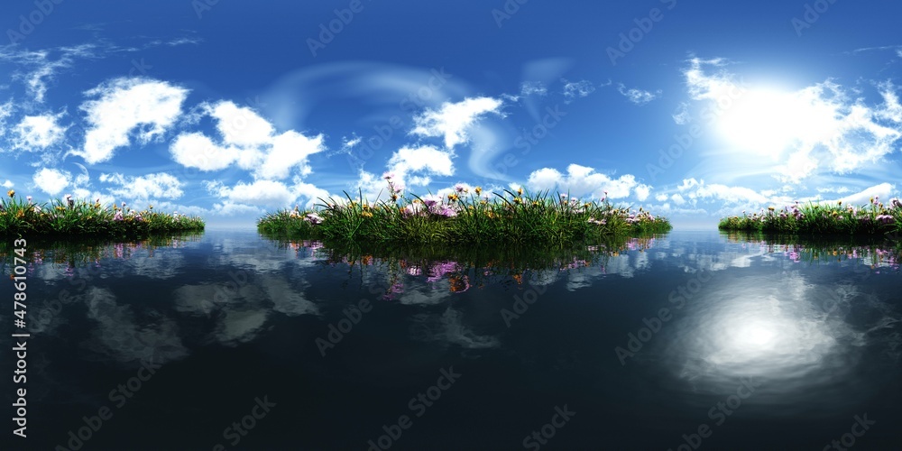 Fototapeta premium Spring meadow with flowers above the water surface,, HDRI, environment map , Round panorama, spherical panorama, equidistant projection, panorama 360,