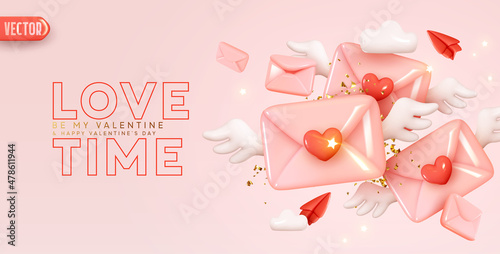 Happy Valentine's day. Pink paper envelope with angel wings and red heart. Realistic 3d design congratulations mail, falling envelope. Holiday background. Letters Be my Valentine. Vector illustration